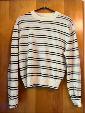 Madewell White and Black Striped Crewneck Sweater